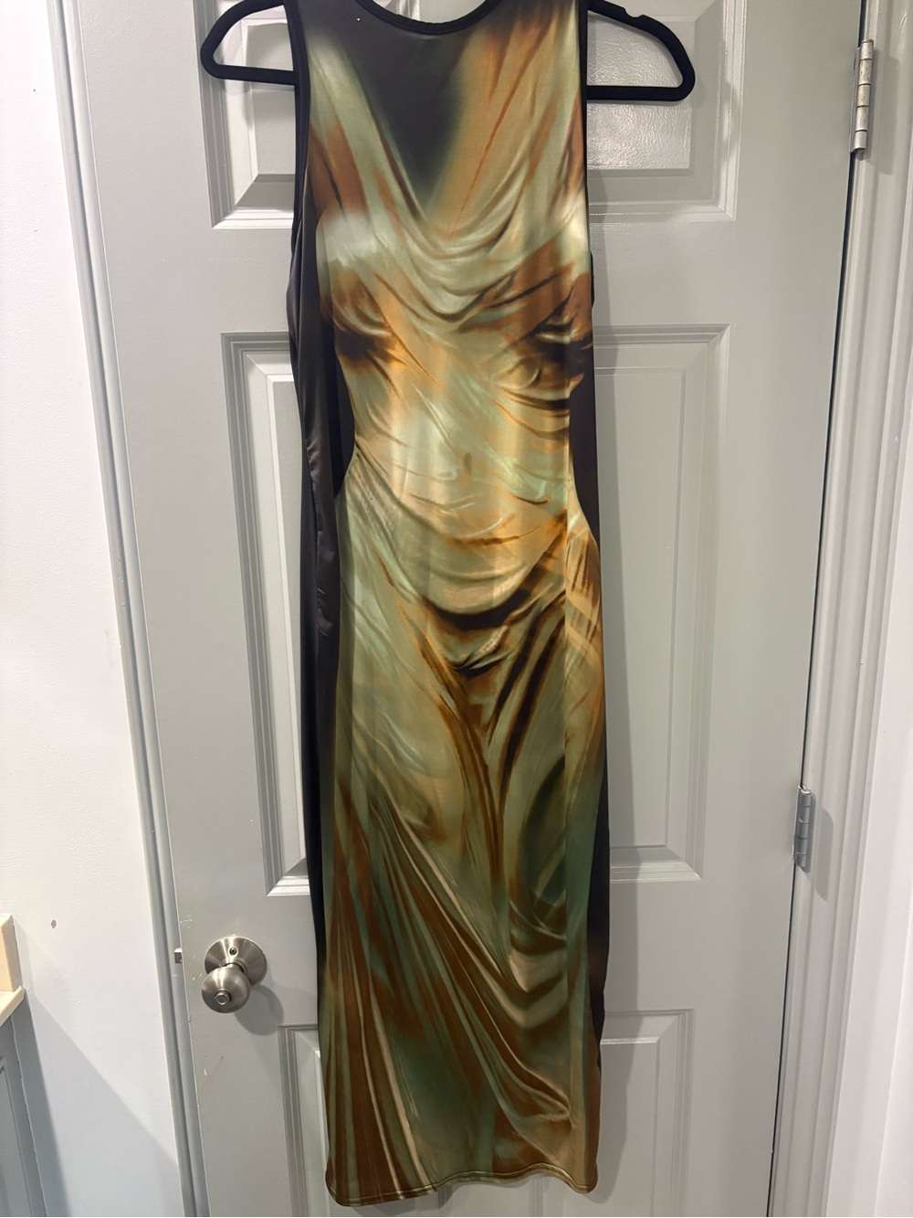 PrettyLittleThing Green and Gold Satin-Effect Maxi Dress